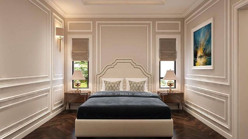 Thiết kế nội thất phòng ngủ tân cổ điển sang trọng, thông thoáng với hệ cửa đầu giường giúp không gian luôn được thông thoáng.