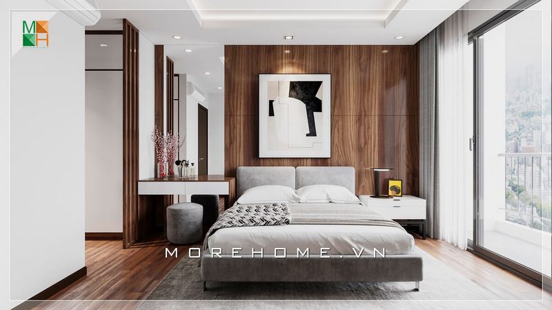 Ấn tượng với tường ốp gỗ đầu giường rất độc đáo và đẳng cấp.
