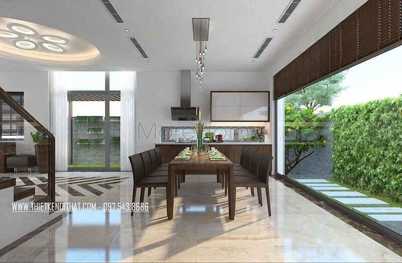 Thiết kế nội thất biệt thự cao cấp với bộ bàn ăn độc đáo mang đến không gian phòng ăn lí tưởng sang trọng