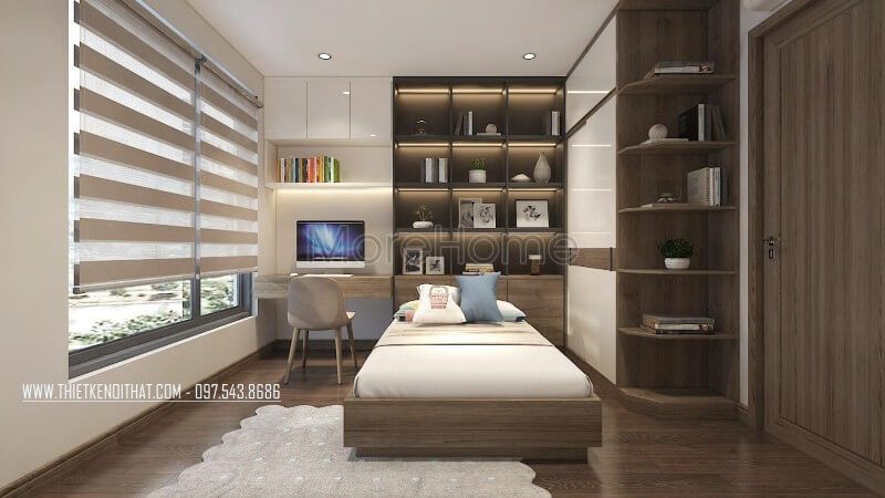 Thiết kế phòng ngủ ngủ khá tinh tế với chiếc giường đơn gỗ công nghiệp kết hợp với hệ tủ trang trí đầu giường tạo sự gần gũi và hiện đại cho khách.