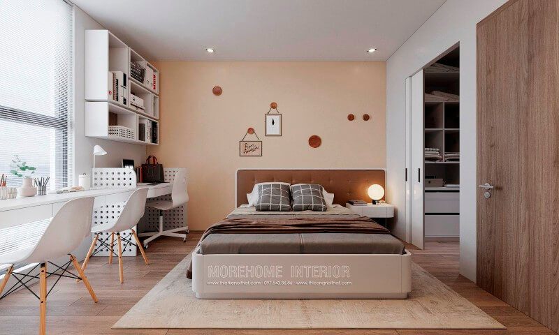 Thiết kế nội thất phòng ngủ nhỏ hiện đại, tối giản các chi tiết cầu kì, phức tạp giúp căn phòng thêm gọn gàng hơn cũng như tạo nên độ thông thoáng cần thiết