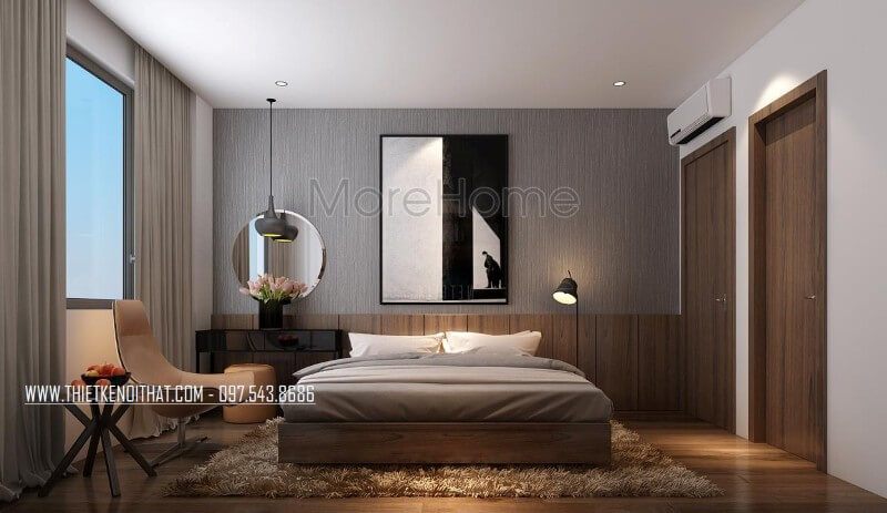 Thiết kế phòng ngủ ấm áp với 2 gam màu chủ đạo là: màu trắng và màu của gỗ mang lại không gian vô cùng hiện đại, lịch sự, nhẹ nhàng