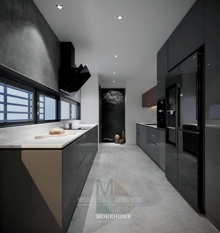 Mẫu tủ bếp gỗ công nghiệp được thiết kế hài hòa mang đến sự gọn gàng, thông thoáng cho không gian bếp.