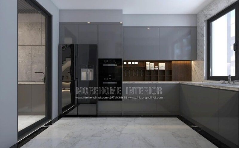 Mẫu tủ bếp gỗ công nghiệp acrylic màu xám đẹp mắt trong thiết kế nội thất phòng bếp hiện đại sẽ là lựa chọn khá phù hợp với các không gian như chung cư, biệt thự, nhà phố.