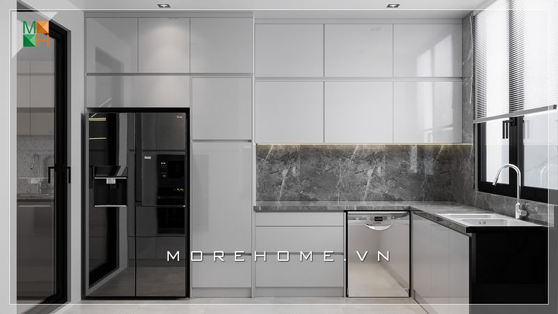 Ấn tượng với mẫu tủ bếp hiện đại thiết kế âm tường màu trắng thiết kế tối giản diện tích và rất gọn gàng