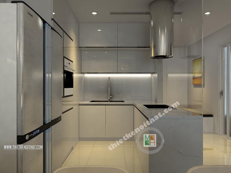 Mẫu thiết kế nội thất phòng bếp đẹp với hệ tủ bếp acrylic màu trắng kết hợp bàn đảo ốp đá nhân tạo cao cấp mang đến không gian sang trọng và đẳng cấp