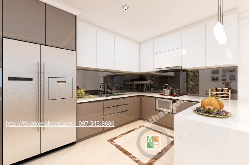 Tủ bếp đẹp được thiết kế theo kiểu dáng chữ u đầy mới lạ, các ngăn tủ được phân chia một cách khoa học giúp cho người nội trợ dễ dàng tạo cảm hứng hơn trong quá trình nấu nướng