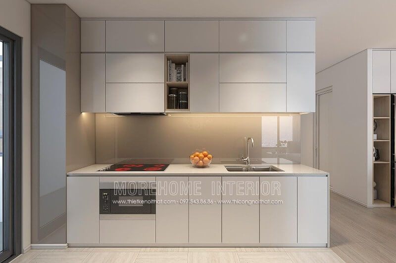 Lựa chọn tone màu trắng chủ đạo, tủ bếp gỗ công nghiệp cao cấp mang đến phòng bếp thanh thoát và không kém phần sang trọng