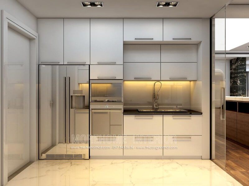 Tủ bếp chữ i được làm từ gỗ công nghiệp màu trắng với lối thiết kế kịch trần tạo nên không gian bếp thoáng rộng hơn