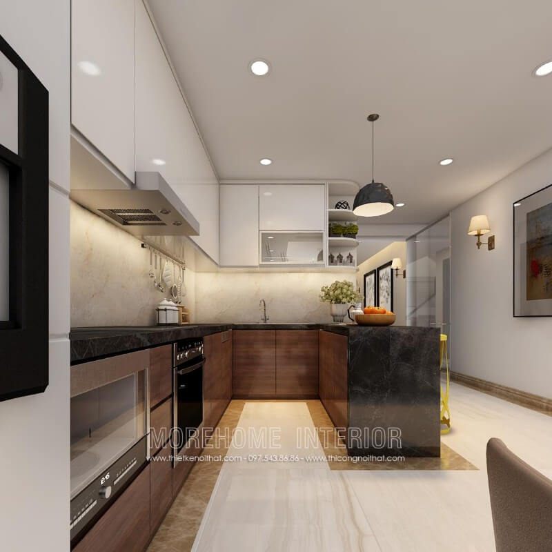 Thiết kế tủ bếp hiện đại gỗ Veneer óc chó kết hợp gỗ Acrylic đầy lạ mắt, tạo điểm cuốn hút cho bất kì ánh nhìn của vị khách tới chơi nhà