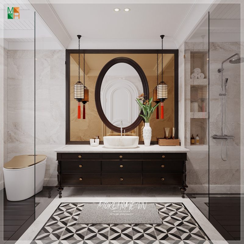 Bàn đá lavabo với gam màu sáng mang đến sự thoáng mát, sang trọng cho không gian sống của gia đình.