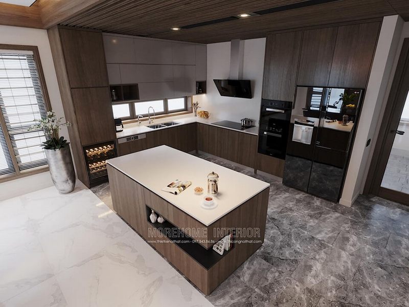 Mẫu tủ bếp gỗ công nghiệp hiện đại với gam màu nâu đẹp