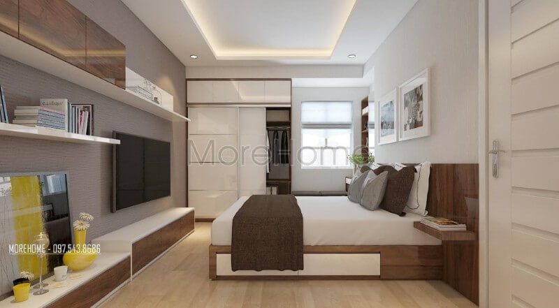 Kệ trang trí phòng ngủ gỗ công nghiệp kết hợp kệ ti vi, bạn hoàn toàn có thể trang trí thêm cho không gian thêm phần đẹp mắt và đầy sức sống hơn với những chậu cây nhỏ hay vật dụng decor