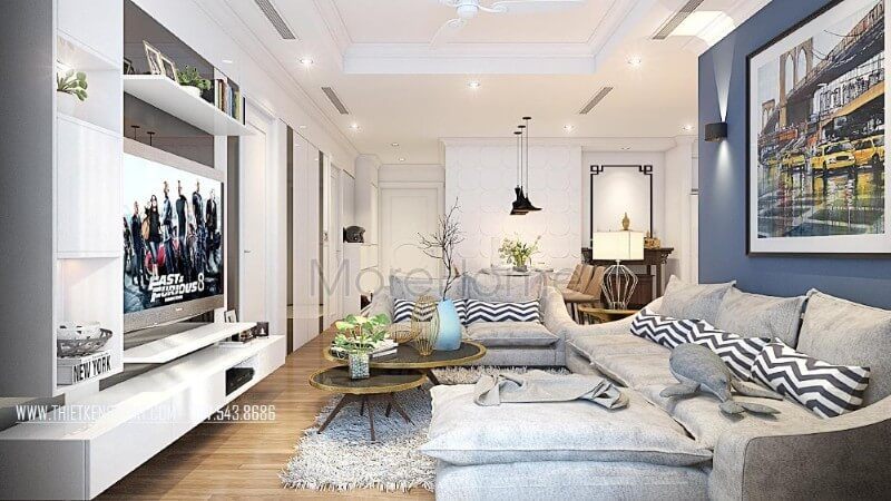 Mang đặc trưng của phòng cách hiện đại, hệ tủ, kệ được thiết kế khá đơn giản, không cầu kỳ về chi tiết hay to bản mà gắn trực tiếp vào tường giúp tiết kiệm được phần lớn diện tích