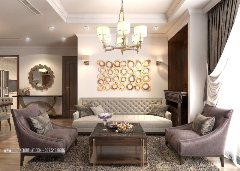 Bộ sofa tân cổ điển được coi như là điểm nhấn của không gian nhà nhỏ. Với lối thiết kế nhẹ nhàng, không quá cầu kì vào từng đường nét sản phẩm, không gian tiếp khách vẫn sang trọng mà đảm bảo thuận tiện tiện cho người sử dụng