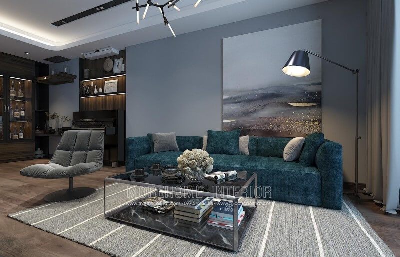 Thiết kế mẫu sofa bọc nỉ màu xanh đẹp cho phòng khách chung cư, biệt thự