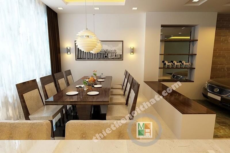 Mẫu bàn ăn gỗ được nơi bóng tạo sự phản chiếu ánh sáng cho phòng ăn, tạo hiệu ứng đẹp cho phòng ăn hiện đại
