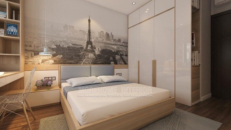 Ý tưởng sáng tạo trong bố trí nội thất phòng ngủ nhỏ nhưng tiện ghi với tab đầu giường làm kệ trang trí, tủ quần áo lồng với kệ để đồ cùng đèn thả ấn tượng giúp không gian phòng ngủ luôn đẹp và thông thoáng.