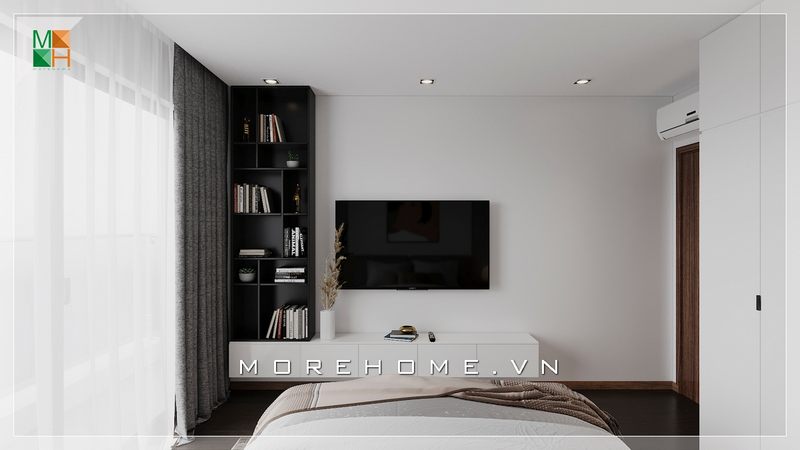 Kệ tivi gỗ công nghiệp kết hợp giá sách hiện đại phù hợp với diện tích căn phòng ngủ