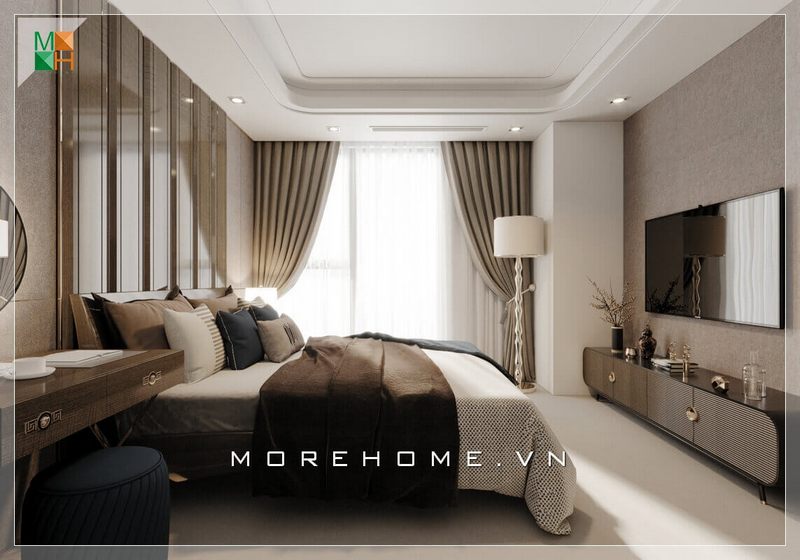 Mẫu thiết kế kệ tivi đẹp, sang trọng cho phòng ngủ, sử dụng kiểu dáng độc đáo mang đến không gian thư giãn cao cấp cho gia chủ