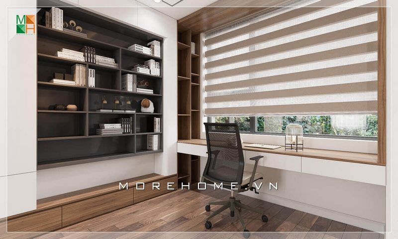 Mẫu kệ giá sách treo tường gỗ hiện đại được treo gọn gàng một bên tường, thể hiện sự thiết kế rất khoa học của KTS.