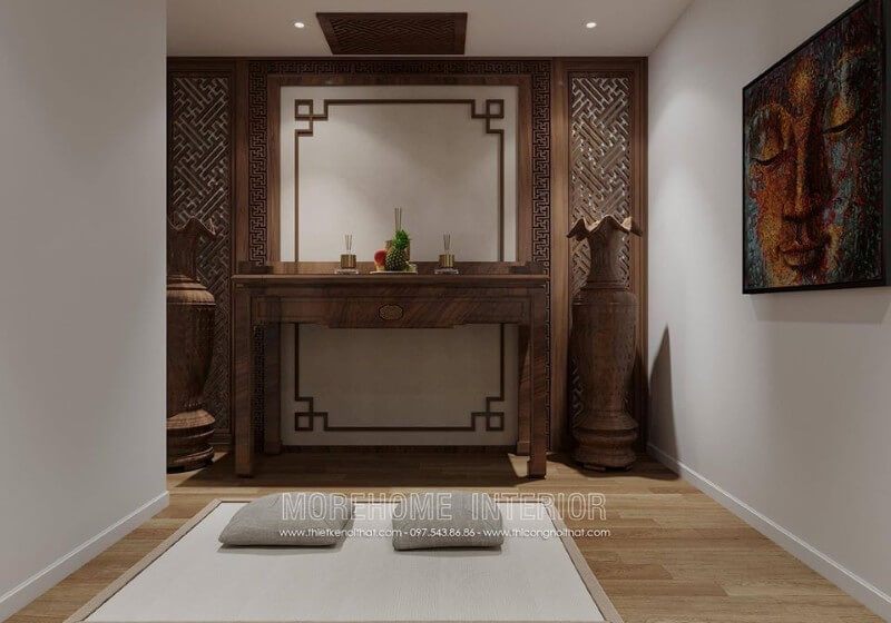 Tủ thờ gỗ tự nhiên mang đến sự sang trọng cho phòng thờ chung cư