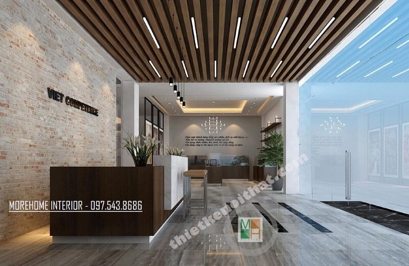 Thiết kế quầy lễ tân sang trọng với bàn làm việc gỗ công nghiệp cao cấp kết hợp đá nhân tạo màu trắng mang đến điểm nhấn nổi bật