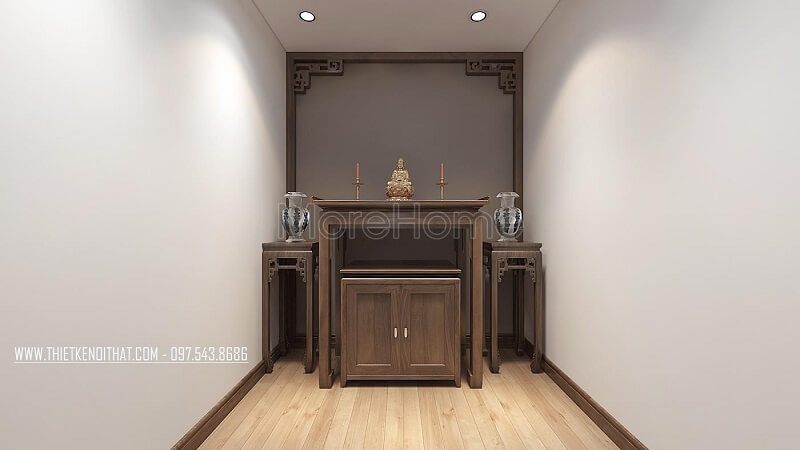 Mẫu bàn thờ gỗ sồi nhập khẩu với thiết kế nhỏ gọn, đường nét hiện đại, tinh tế phù hợp với không gian diện tích vừa