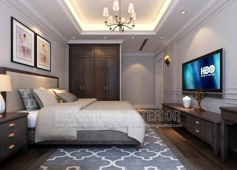 Giường ngủ bọc vải được thiết kế theo phong cách hiện đại, trẻ trung, tone màu xám kết hợp màu nâu trầm của gỗ óc chó mang lại tạo nên sự sang trọng và thoải mái cho gia chủ