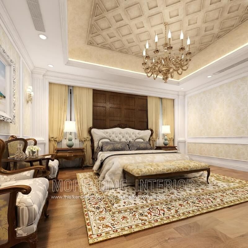 Tạo điểm nhấn không gian phòng ngủ biệt thự bằng giường gỗ óc chó kiểu dáng tân cổ điển sang trọng