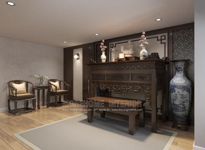 Mẫu bàn thờ gỗ tự nhiên này được thiết kế với họa tiết không quá cầu kì nó mang đến vẻ tôn nghiêm riêng