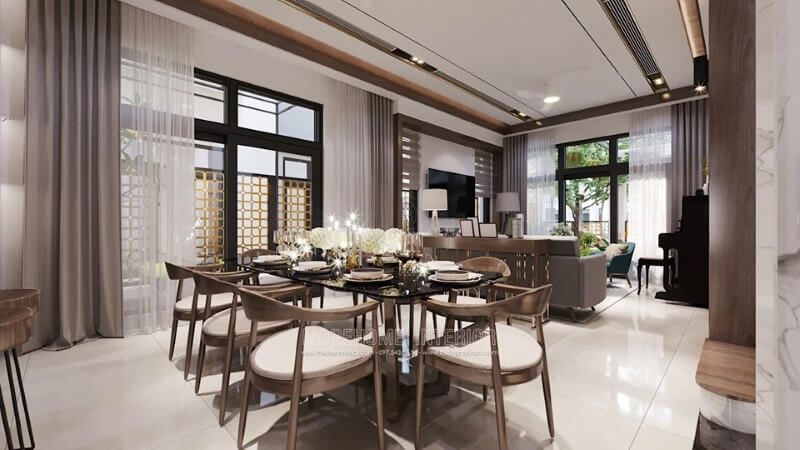 đã được trang bị Biệt thự Strarlake Tây Hồ đã được trang bị một bộ bàn ghế ăn gỗ óc chó và ghế bọc đệm da màu trắng sang trọng.