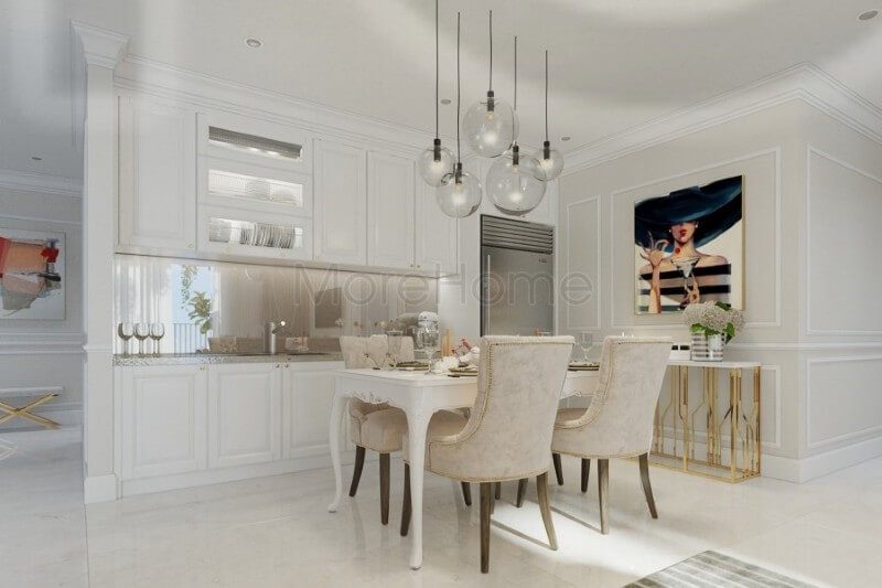 Bộ bàn ăn có lối thiết kế đơn giản và tinh tế, ghế tựa sủ được trang trí bằng các chi tiết và chất liệu nhung, tạo nên một phong cách cổ điển, sang trọng và quý phái.