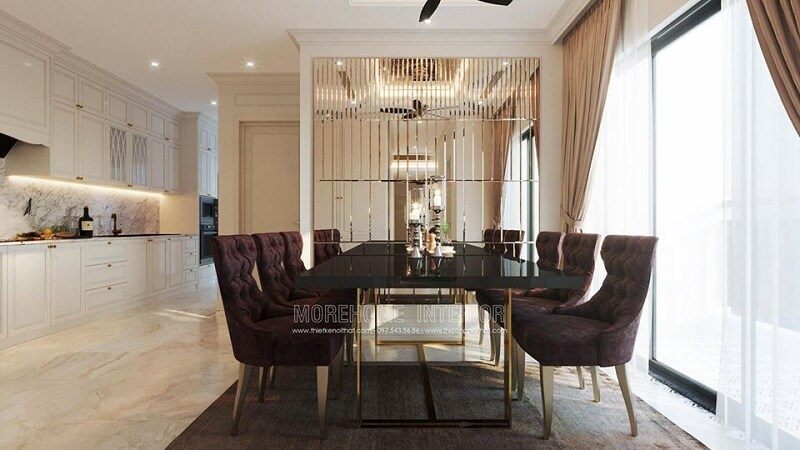 rãi
Mẫu bàn ăn đẹp với chân inox vàng kim cao cấp kết hợp với mẫu ghế ăn bọc nỉ tân cổ điển sẽ tạo nên một bộ bàn ăn đẳng cấp phù hợp với không gian phòng ăn rộng rãi.