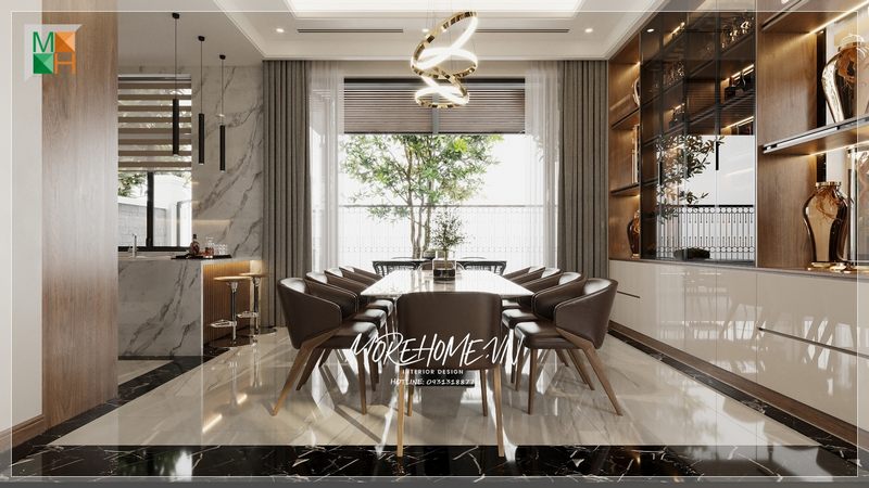 Bộ bàn ăn đẹp đặt ở vị trí trung tâm của căn phòng làm cho các bước chân trở về nhà sau 1 ngày làm việc thêm thú vị.