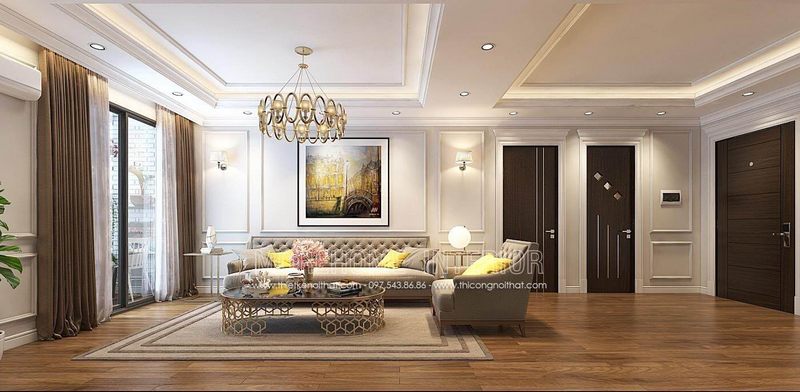 Cửa gỗ Laminate An Cường kết nối hai phòng là phòng khách và phòng ngủ Master với một thiết kế đẹp mắt MH10 theo hướng ngang.