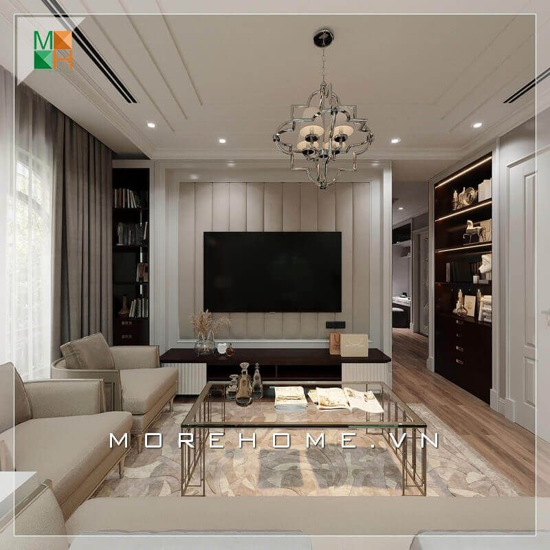 Kệ TV và thiết kế tường treo TV của KTS được nhiều người đánh giá cao bởi những cái chạm khắc sáng tạo có phong cách tân cổ điển.