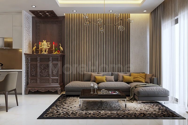 Mẫu tủ thờ chung cư đẹp với kiểu dáng hiện đại, các đường nét hoa văn được cách tân, đơn giản nhưng không mất đi hoa văn truyền thống.