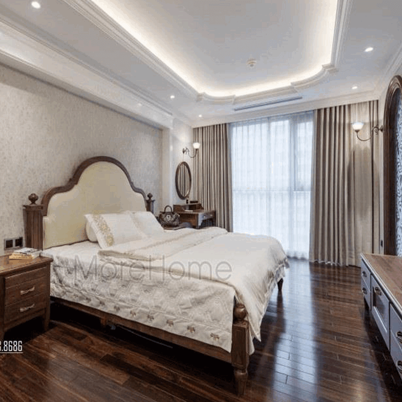 Mẫu thiết kế giường ngủ gỗ óc chó màu nâu trầm cao cấp với đầu giường cách điệu mang đến vẻ đẹp sang trọng cho căn phòng ngủ gia đình bạn.