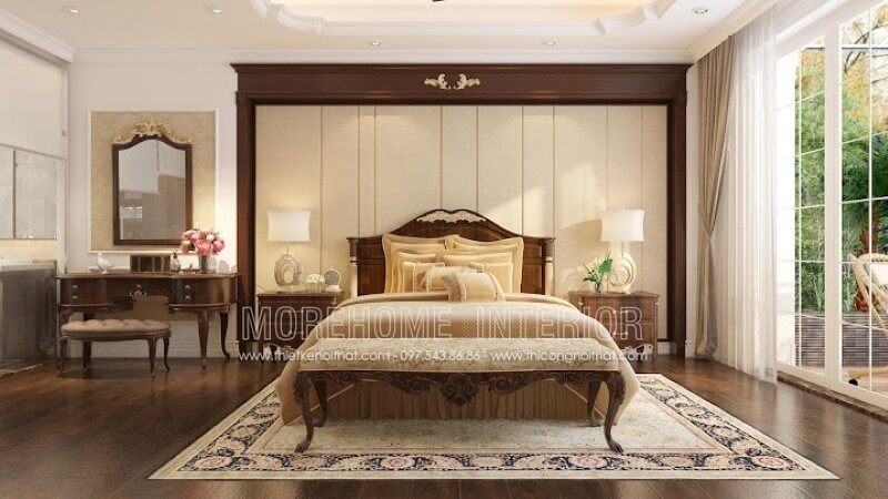 Mẫu thiết kế bàn trang điểm gỗ óc chó trong phòng ngủ đẹp, sang trọng