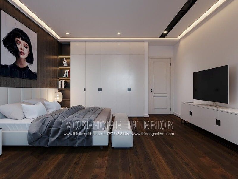 Ánh sáng được trang trí đơn giản với đèn âm trần nhưng lại tạo nét đẹp sang trọng độc đáo cho phòng ngủ hiện đại.