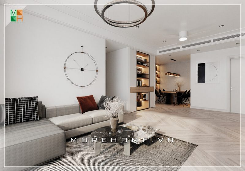 Thiết kế nội thất phòng khách hiện đại tone lạnh sang trọng và trẻ trung phù hợp với căn hộ