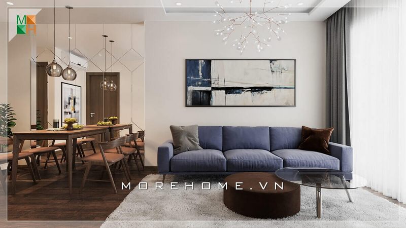 Mẫu thiết kế phòng khách liền phòng ăn cho nhà phố, chung cư mang phong cách hiện đại, sử dụng thảm trải sàn để định hình khu vực phòng khách và phòng ăn