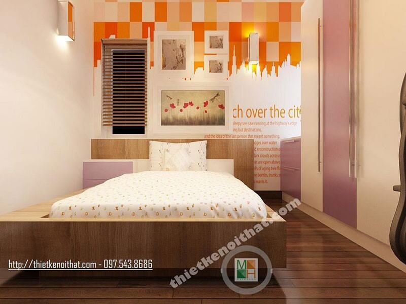 Phòng ngủ mang lại cảm giác dễ thương cho bé gái với tone màu hồng nhẹ nhàng và nội thất gỗ công nghiệp hiện đại, tạo nên một không gian ấn tượng.