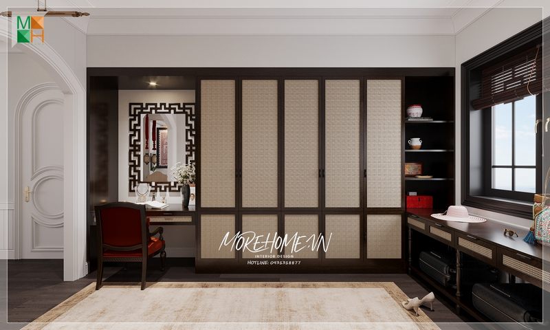 Mẫu tủ quần áo kết hợp bàn trang điểm và bàn làm việc bằng gỗ tự nhiên phong cách Indochine cho phòng ngủ chung cư, nhà phố, biệt thự